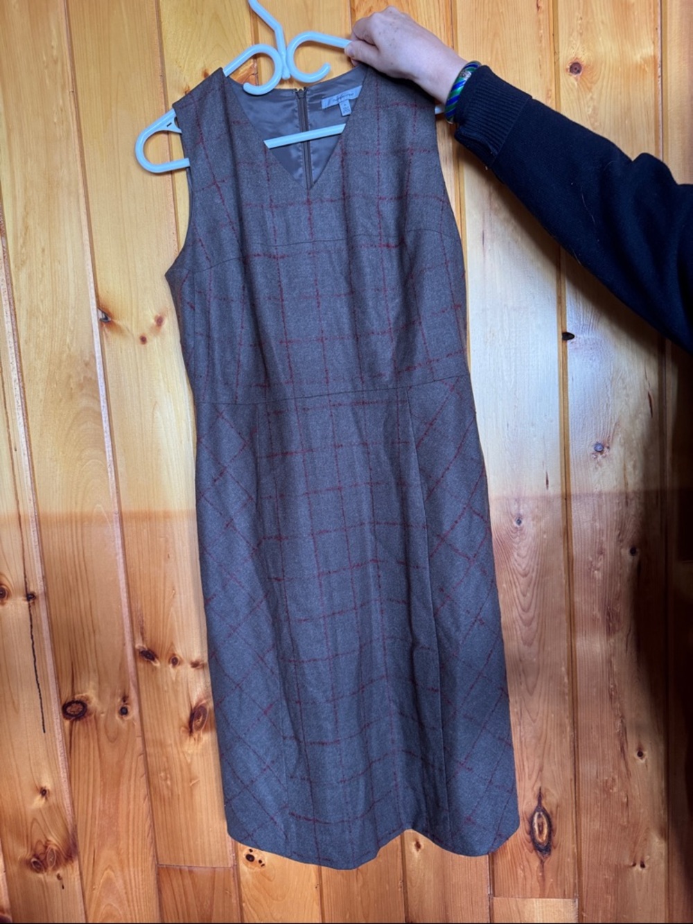 Sleeveless Plaid Midi Dress in Brown with Subtle Red Windowpane
